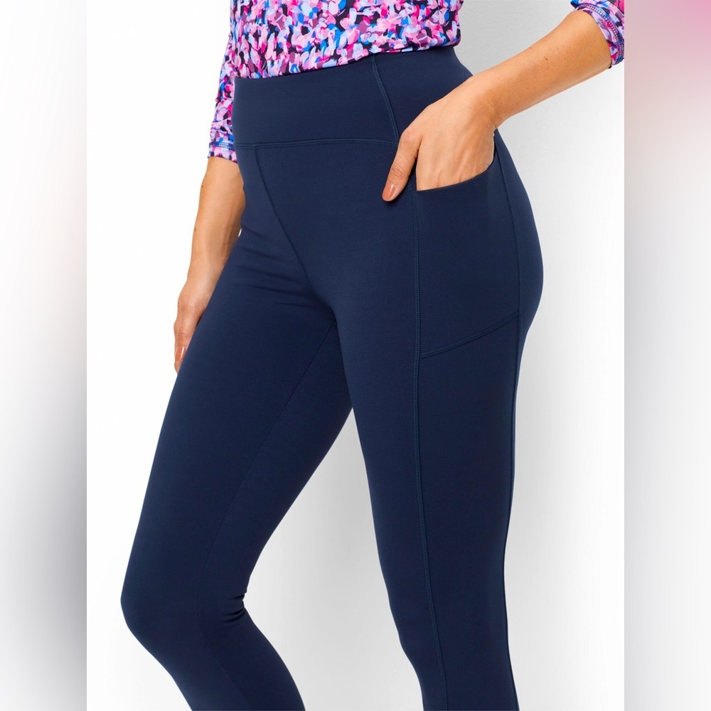 T By Talbots Navy Tech Stretch Leggings w/ Slip Pockets Size Large Petite